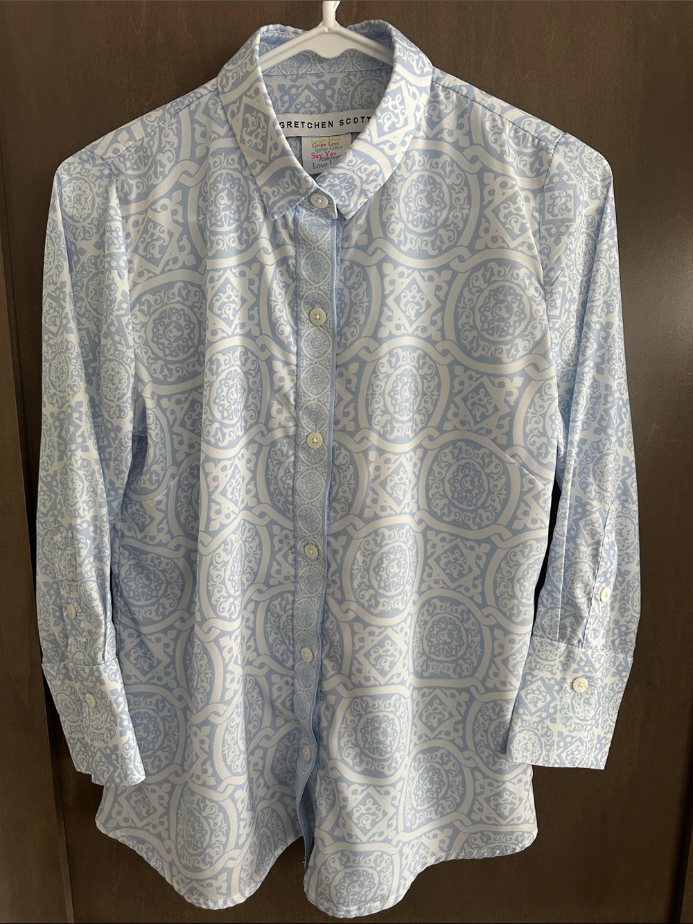 Gretchen Scott 3/4 Sleeve Blue & White Medallion Print Button Down Size XS